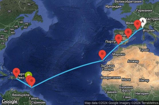 Маршрут на круиз 19 дни Италия, Франция, Испания, Барбадос, Доминиканска република, Сейнт Луша, Гваделупа - SVN19A0C