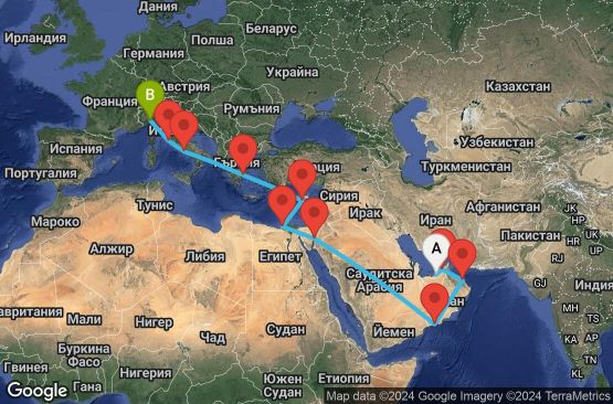Маршрут на круиз 21 дни Обединени арабски емирства, Оман, Йордания, Египет, Кипър, Гърция, Италия - AUH21A03