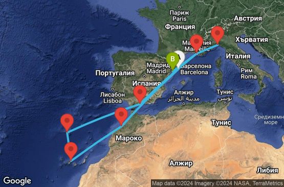 Маршрут на круиз Spain,Morocco,Portugal,France,Italy - UUZA