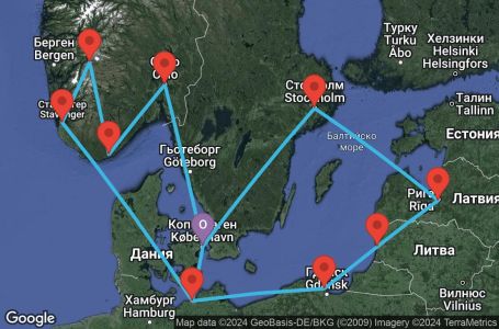 Маршрут на круиз Copenhagen,Warnemunde,Stavanger,Eidfjord,Kristiansand,Oslo,Copenhagen,Warnemunde,Gdynia,Klaipeda,Riga,Stockholm,Copenhagen - UVO5