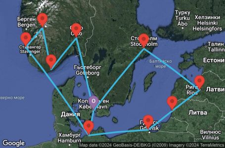 Маршрут на круиз Copenhagen,Warnemunde,Gdynia,Klaipeda,Riga,Stockholm,Copenhagen,Warnemunde,Haugesund,Eidfjord,Kristiansand,Oslo,Copenhagen - UVO7