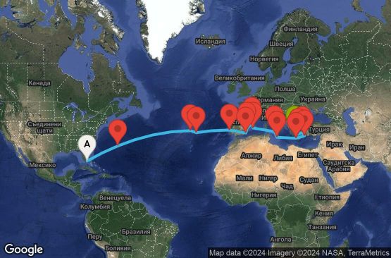 Маршрут на круиз 27 дни САЩ, Бермудските острови, Португалия, Испания, Италия, Малта, Гърция, Турция - EX20250402MIAPIR