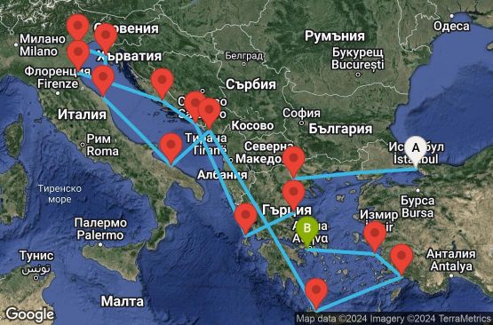 Маршрут на круиз 20 дни Турция, Гърция, Хърватска, Италия, Черна гора - EX20250505ISTPIR