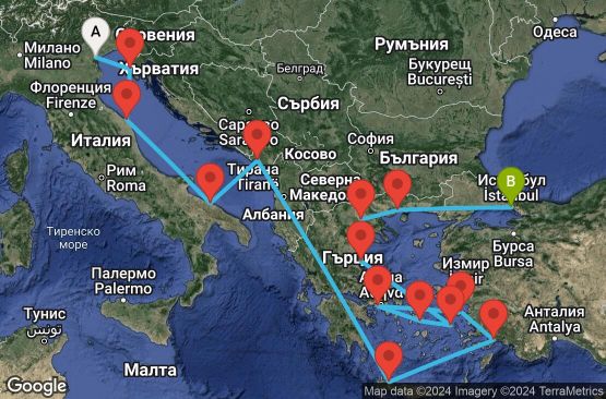 Маршрут на круиз 18 дни Италия, Хърватска, Черна гора, Гърция, Турция - EX20250515FSAIST