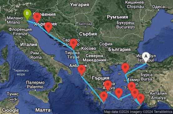 Маршрут на круиз 15 дни Турция, Гърция, Черна гора, Хърватска, Италия - EX20250531ISTFSA