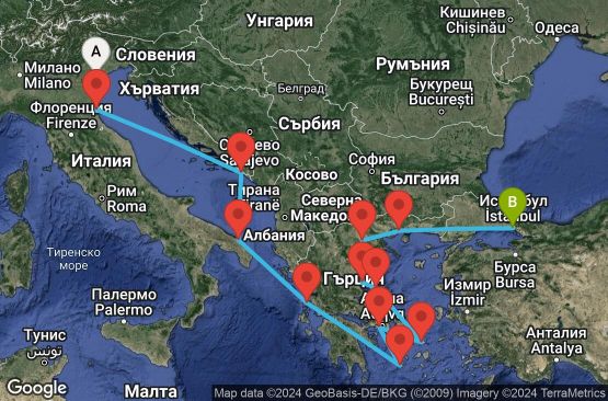 Маршрут на круиз 15 дни Италия, Хърватска, Гърция, Турция - EX20250614FSAIST