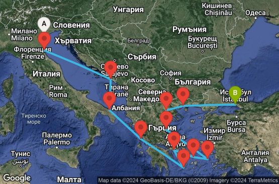 Маршрут на круиз 15 дни Италия, Хърватска, Гърция, Турция - EX20250712FSAIST