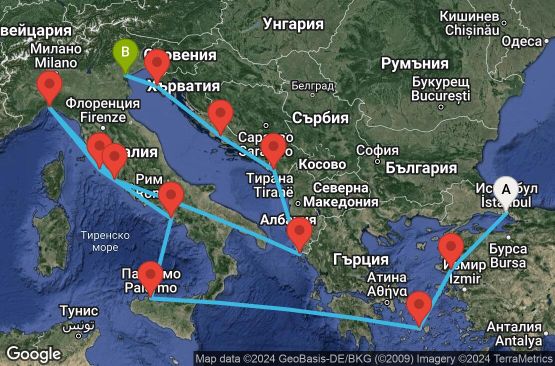 Маршрут на круиз 15 дни Турция, Гърция, Италия, Черна гора, Хърватска - EX20250726ISTFSA