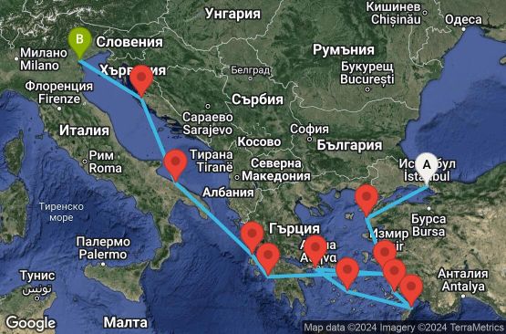 Маршрут на круиз 14 дни Турция, Гърция, Италия, Хърватска - EX20250823ISTFSA