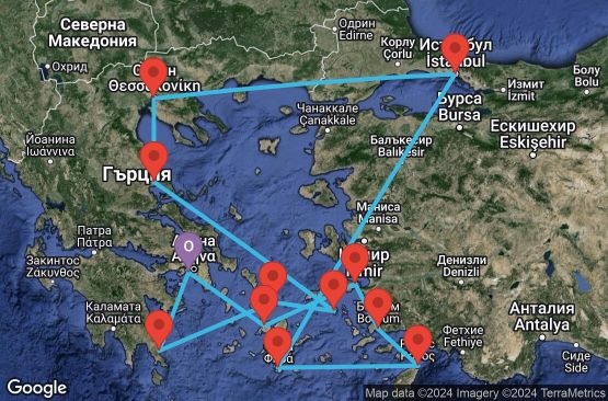 Маршрут на круиз 16 дни Гърция, Турция - EX20250912PIRPIR