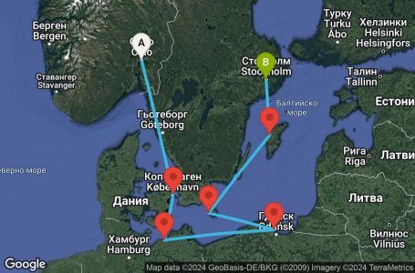 Маршрут на круиз 6 дни Норвегия, Дания, Германия, Полша, Швеция - UVVX