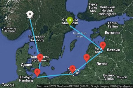 Маршрут на круиз 6 дни Норвегия, Дания, Германия, Полша, Литва, Латвия, Швеция - UVVZ