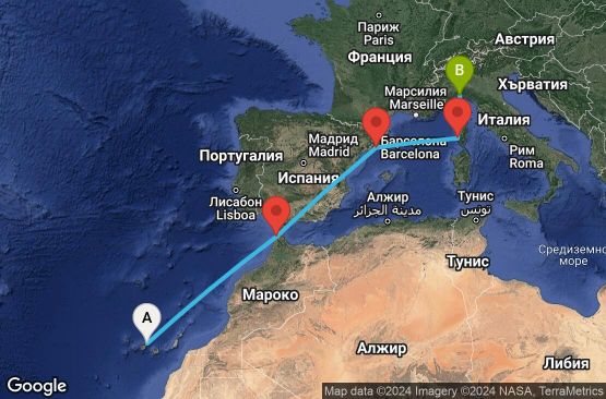 Маршрут на круиз 6 дни Испания, Мароко, Франция, Италия - TCI06A0A