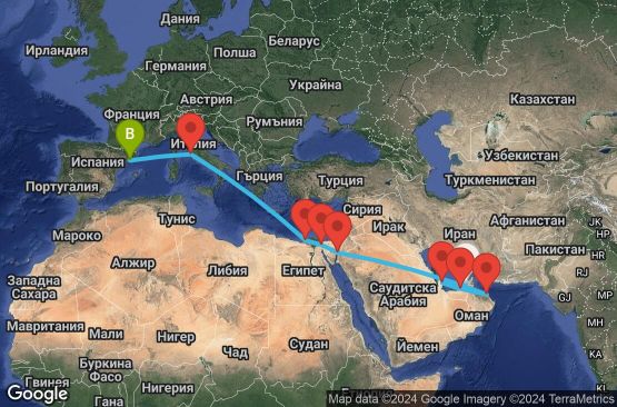 Маршрут на круиз 18 дни Обединени арабски емирства, Катар, Оман, Йордания, Египет, Италия, Испания - UVUZ