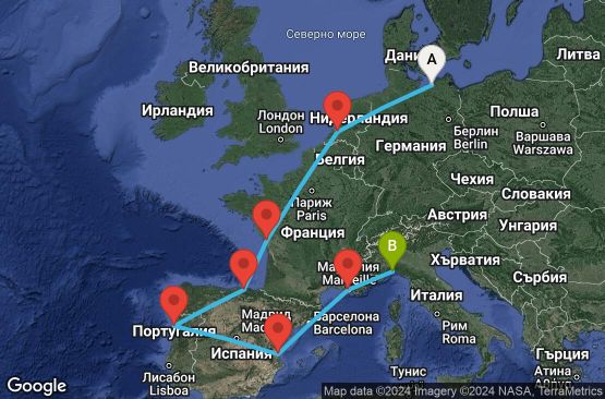 Маршрут на круиз 12 дни Германия, Холандия, Франция, Испания, Португалия, Италия - UVSQ