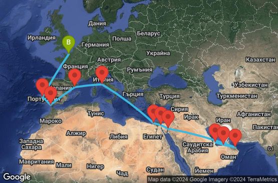 Маршрут на круиз 24 дни Обединени арабски емирства, Катар, Оман, Йордания, Египет, Италия, Испания, Португалия, Франция - UVR6