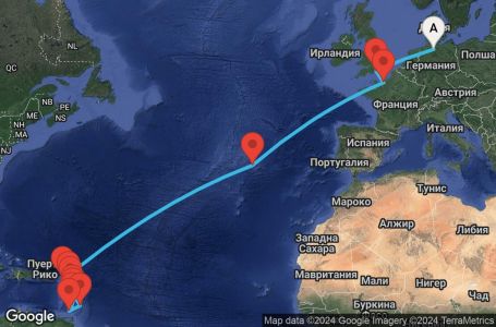 Маршрут на круиз 22 дни Германия, Великобритания, Франция, Португалия, Холандски Антили, Антигуа и Барбуда, Мартиника, Гваделупа, Барбадос, Гренада, Сейнт Винсент и Гренадини, Сейнт Луша - UVTI