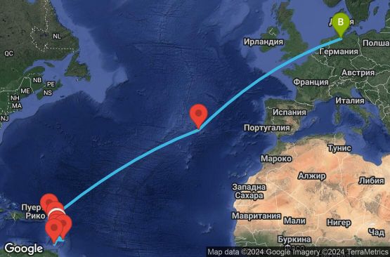 Маршрут на круиз 20 дни Мартиника, Гваделупа, Сейнт Луша, Барбадос, Сейнт Винсент и Гренадини, Гренада, Холандски Антили, Португалия, Германия - UVU6