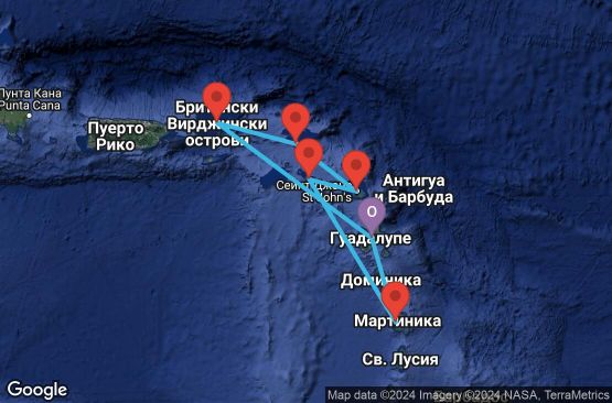 Маршрут на круиз 7 дни Гваделупа, Вирджински острови (Великобритания), Холандски Антили, Антигуа и Барбуда, Сейнт Китс и Невис, Мартиника - UVTQ