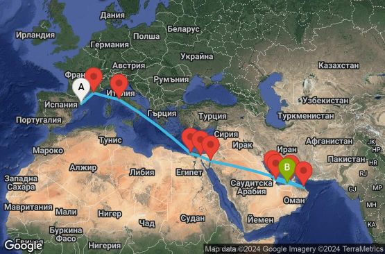 Маршрут на круиз 22 дни Испания, Франция, Италия, Египет, Йордания, Оман, Катар, Обединени арабски емирства, Бахрейн - UVUV