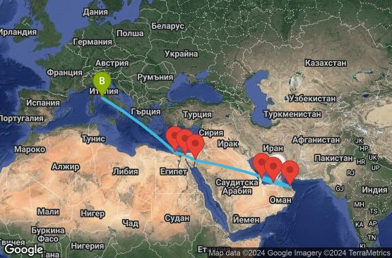 Маршрут на круиз 16 дни Обединени арабски емирства, Катар, Оман, Йордания, Египет, Италия - UVR5