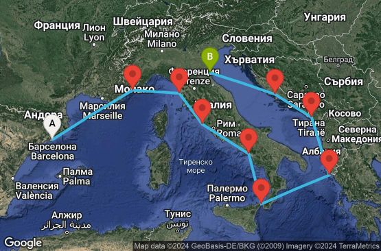 Маршрут на круиз 9 дни Западно Средиземноморие от Барселона - VIVA09CNNBCNRAV