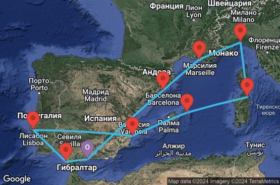 Маршрут на круиз Malaga,Cadiz,Lisbon,Alicante,Mahon,Olbia,Genoa,Marseille,Barcelona,Malaga - UVWM