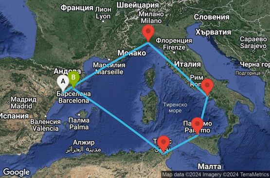 Маршрут на круиз Spain,Italy,Tunisia - UV6X