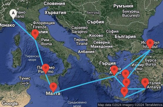 Маршрут на круиз 12 дни Италия, Малта, Гърция, Турция - SVN12A0I