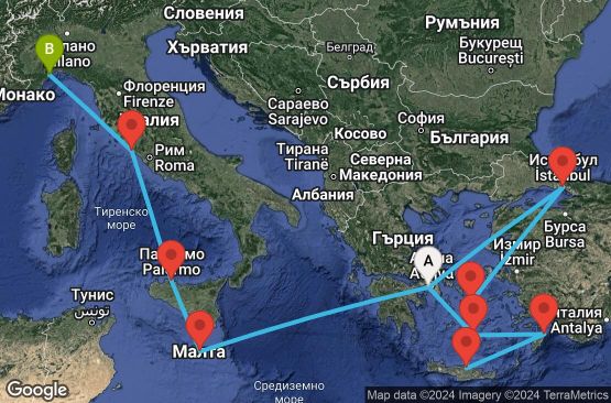 Маршрут на круиз 12 дни Гърция, Турция, Малта, Италия - ATH12A06