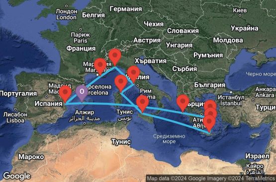 Маршрут на круиз 14 дни Испания, Гърция, Италия, Франция - PMI14A05