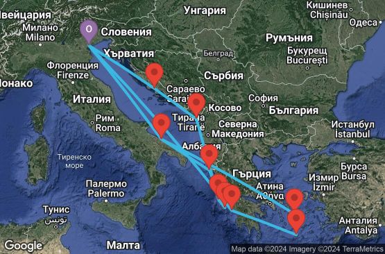 Маршрут на круиз 14 дни Италия, Гърция, Черна гора, Хърватска - PMA14A13