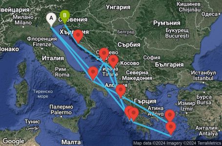 Маршрут на круиз 14 дни Италия, Гърция, Хърватска, Черна гора - PMA14A15