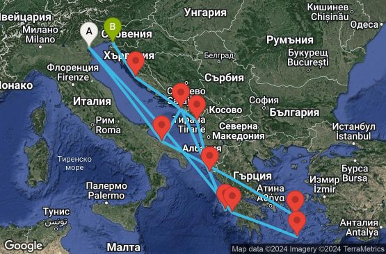 Маршрут на круиз 14 дни Италия, Гърция, Хърватска, Черна гора - PMA14A15