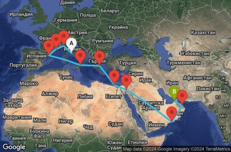 Маршрут на круиз 21 дни Италия, Франция, Испания, Гърция, Египет, Йордания, Оман, Обединени арабски емирства - CIV21A05