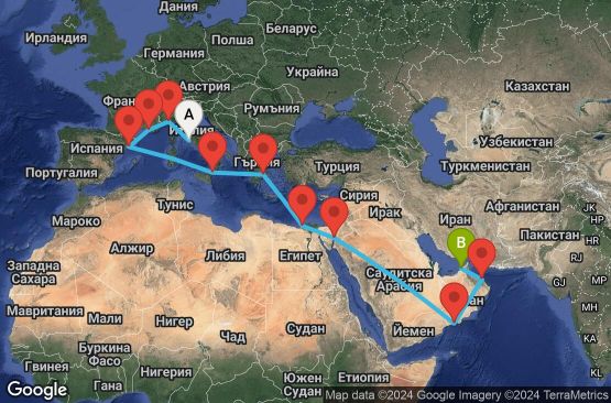 Маршрут на круиз 21 дни Италия, Франция, Испания, Гърция, Египет, Йордания, Оман, Обединени арабски емирства - CIV21A05