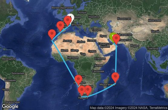 Маршрут на круиз 35 дни Франция, Испания, Намибия, Южна Африка, Мавриций, Оман, Обединени арабски емирства - MRS35A04