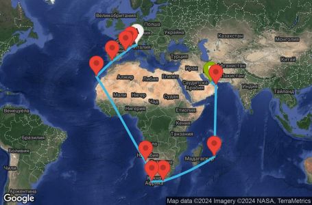 Маршрут на круиз 36 дни Италия, Франция, Испания, Намибия, Южна Африка, Мавриций, Оман, Обединени арабски емирства - GOA36A04