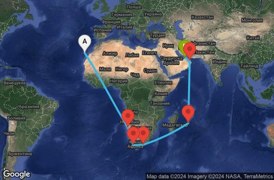 Маршрут на круиз 30 дни Испания, Намибия, Южна Африка, Мавриций, Оман, Обединени арабски емирства - TCI30A04