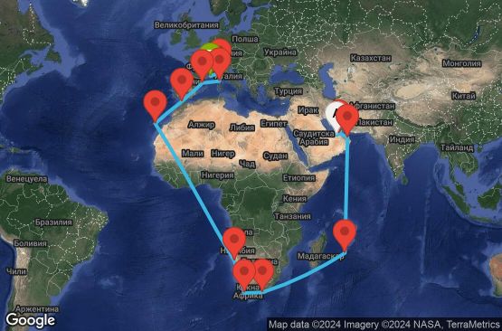 Маршрут на круиз 39 дни Обединени арабски емирства, Оман, Мавриций, Южна Африка, Намибия, Испания, Мароко, Франция, Италия - AUH39A02