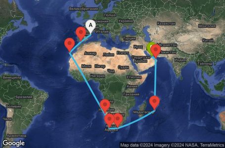 Маршрут на круиз 34 дни Испания, Намибия, Южна Африка, Мавриций, Оман, Обединени арабски емирства - BCN34A04