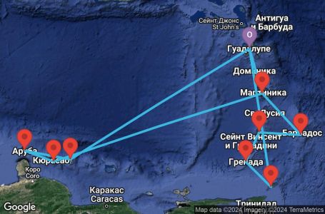 Маршрут на круиз 14 дни Гваделупа, Тринидад и Тобаго, Гренада, Сейнт Винсент и Гренадини, Барбадос, Мартиника, Холандски Антили, Аруба - PTP14A2Y