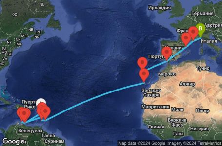 Маршрут на круиз 23 дни Гваделупа, Холандски Антили, Аруба, Мартиника, Сейнт Винсент и Гренадини, Барбадос, Испания, Португалия, Франция, Италия - PTP23A08