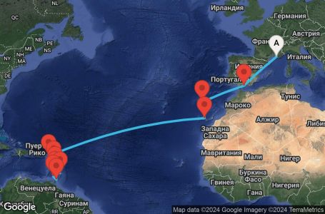 Маршрут на круиз 21 дни Франция, Испания, Португалия, Холандски Антили, Мартиника, Гваделупа, Тринидад и Тобаго, Гренада, Сейнт Винсент и Гренадини, Барбадос - MRS21A0P