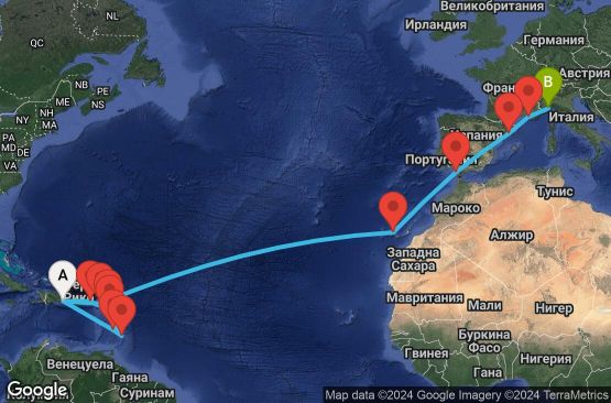 Маршрут на круиз 22 дни Доминиканска република, Сейнт Лусия, Барбадос, Гваделупа, Антигуа и Барбуда, Вирджински острови (Великобритания), Холандски Антили, Испания, Франция, Италия - LRM22A05