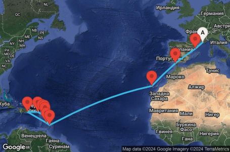 Маршрут на круиз 23 дни Франция, Испания, Барбадос, Гваделупа, Сейнт Китс и Невис, Вирджински острови (Великобритания), Доминиканска република, Сейнт Лусия, Антигуа и Барбуда - MRS23A0B