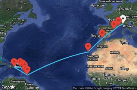 Маршрут на круиз 21 дни Италия, Франция, Испания, Барбадос, Гваделупа, Сейнт Китс и Невис, Вирджински острови (Великобритания), Доминиканска република, Сейнт Лусия - SVN21A0N