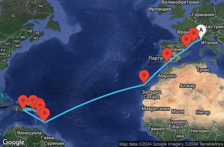 Маршрут на круиз 24 дни Италия, Франция, Испания, Барбадос, Гваделупа, Сейнт Китс и Невис, Вирджински острови (Великобритания), Доминиканска република, Сейнт Лусия, Антигуа и Барбуда - SVN24A03
