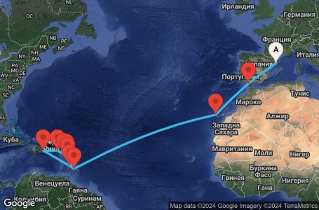 Маршрут на круиз 22 дни Испания, Барбадос, Гваделупа, Сейнт Китс и Невис, Вирджински острови (Великобритания), Доминиканска република, Сейнт Лусия, Антигуа и Барбуда - BCN22A0D