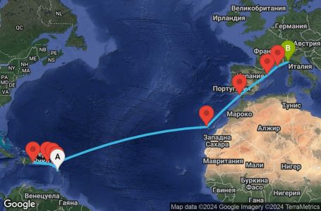 Маршрут на круиз 18 дни Гваделупа, Антигуа и Барбуда, Вирджински острови (Великобритания), Доминиканска република, Холандски Антили, Испания, Франция, Италия - PTP18A02